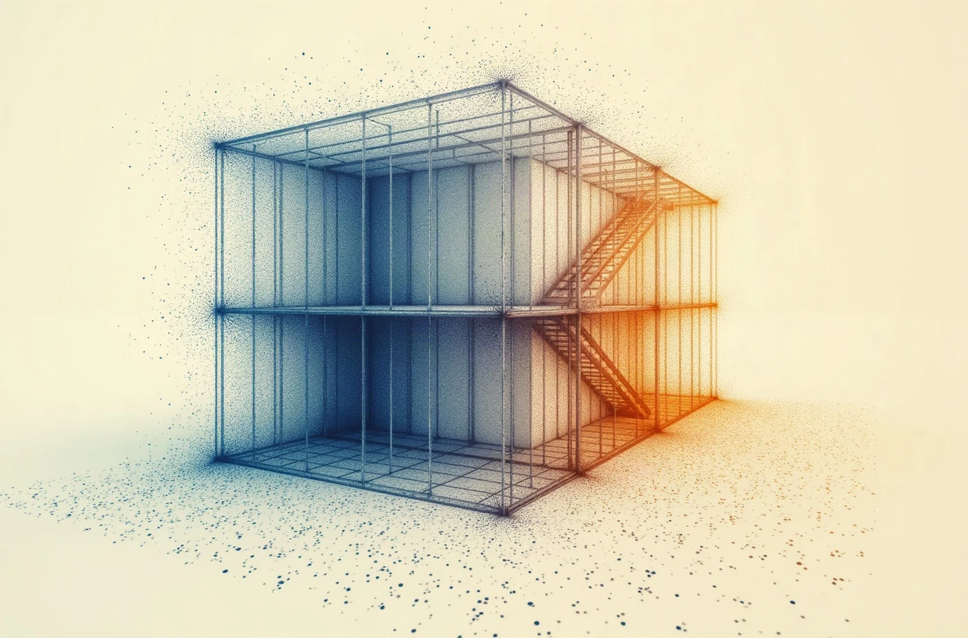 Nuage de points d'un bâtiment relevé au scanner laser, des points bleus aux points ambrés.